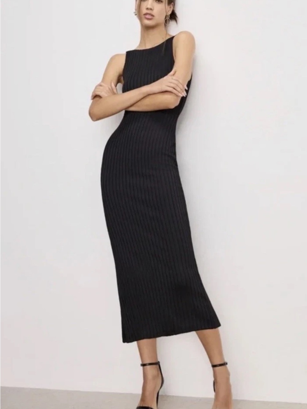 Good American NWT Black Ribbed Knit Bodycon Tank Column Midi Dress Size Large